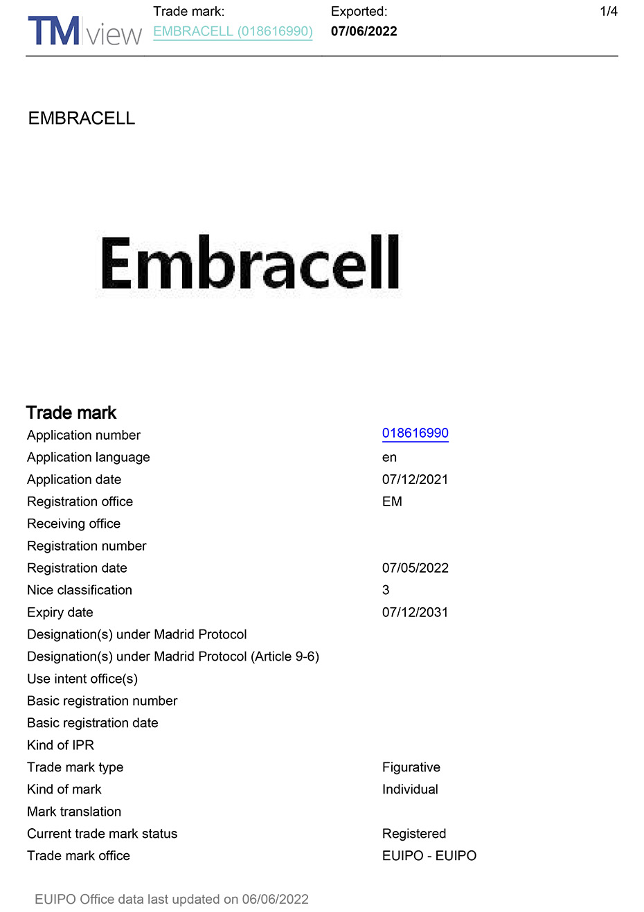 欧洲 商标注册(Embracell) [첨부 이미지1]